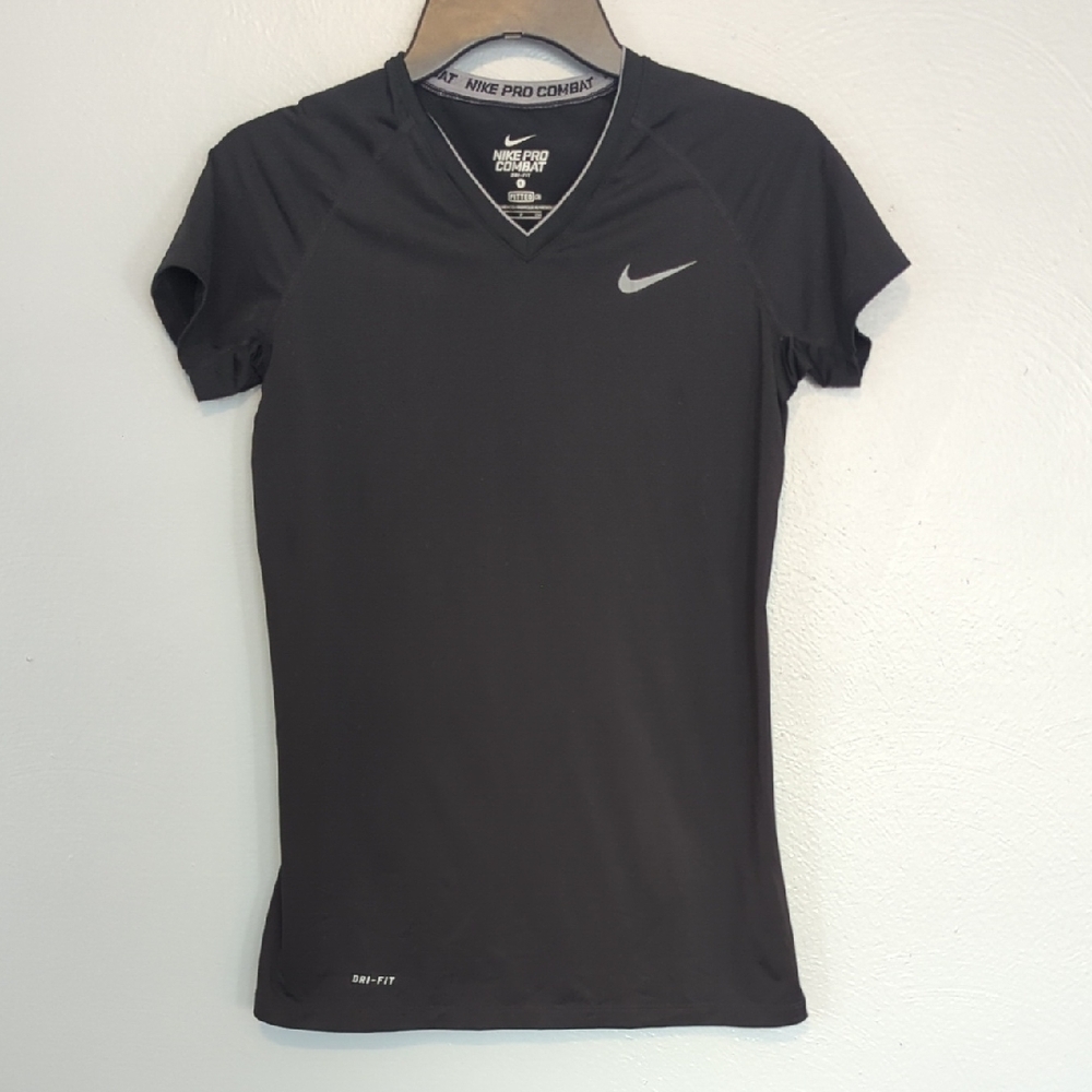 Nike Pro Combat Tee Fitted V Neck Basic Black Women's Dri-Fit Tee Small S - Picture 1 of 10